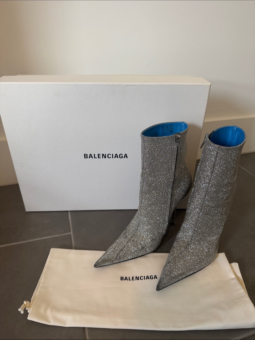 Balenciaga Silver Glitter Pointed Ankle Booties with Blue Lining